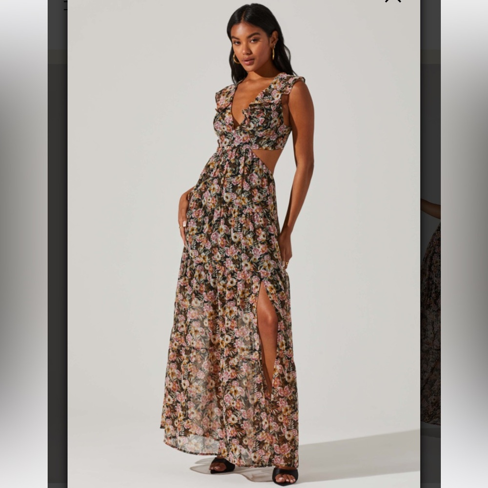 Astr Floral Maxi Dress in Black with Pink and Green Accents